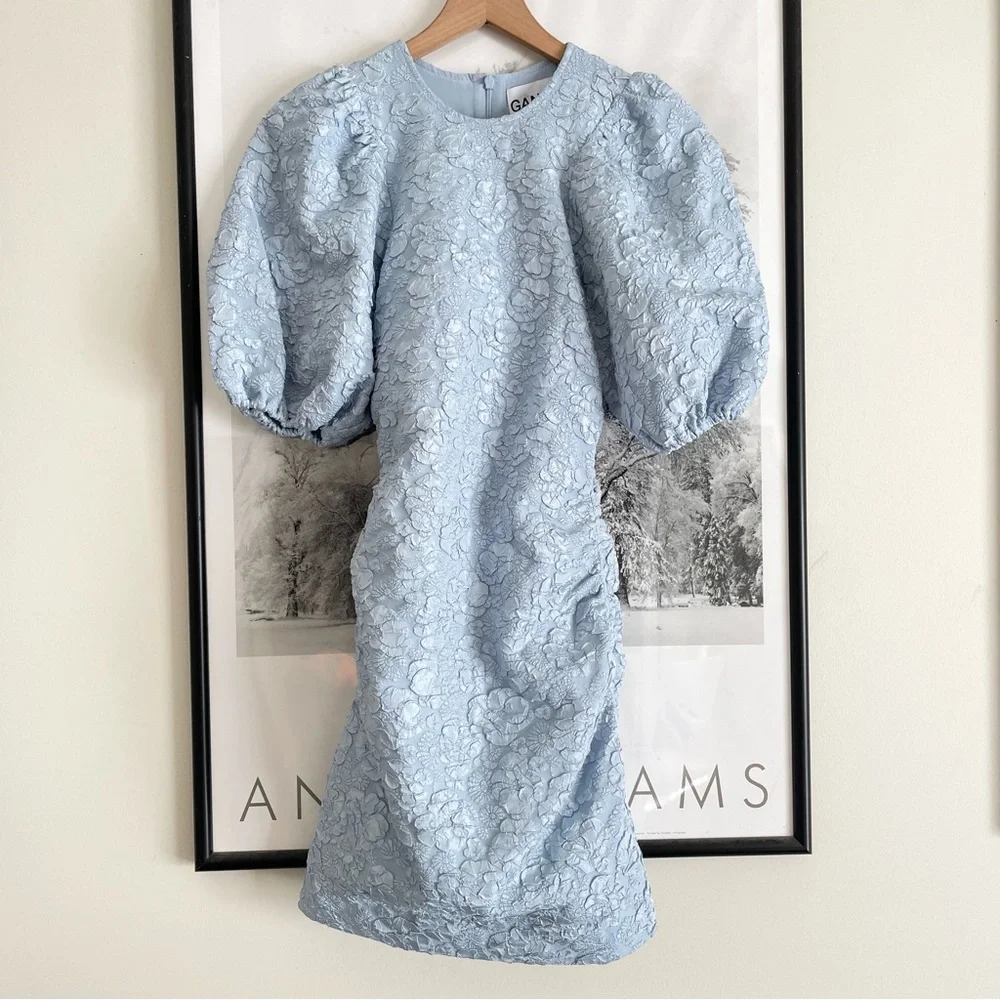 GANNI Sky Blue Jacquard Puff Sleeve Ruched Mini Dress NWT EU 34 US 2 XS - Picture 14 of 16